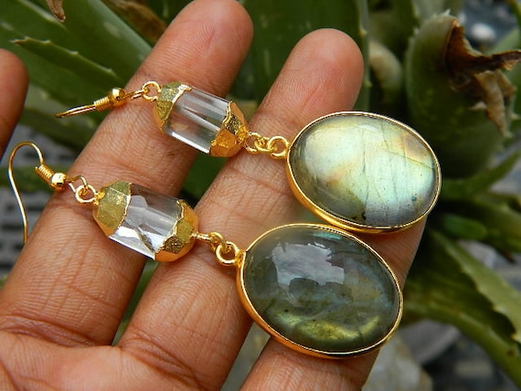 Gemstone Jewelry Natural Labradorite Cabochon with 18K Gold Electroplated Faceted Rock Crystal Nuggets Beads Earring Hancrafted Designer