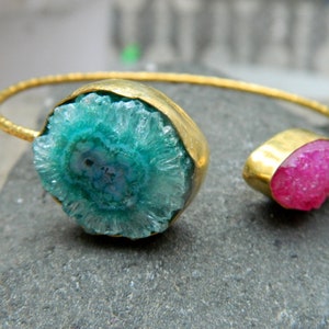Natural Sugar Druzy & Solar Slices Gold Plated Brass Setting Sun Cuff Bangle Bracelets Handmade Gemstone Jewelry Supplies Finding Components