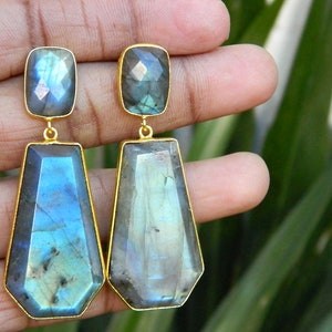 Natural Labradorite earring Bezel Set Statement Jewelry Gold Plated Gemstone Designer Jewelry Fashion Bridal Wedding Ethnic Tribal earring