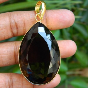 Natural Smoky Color Quartz Huge Pear Shape Gold Plated Brass Chandelier Pendant Handcrafted Unique Designer Bohemian Fashion Jewelry Gift