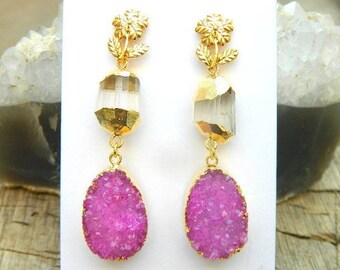 Boucles D'oreilles Quartz Druzy En Métal Doré - Clous, Occasion En Bon état