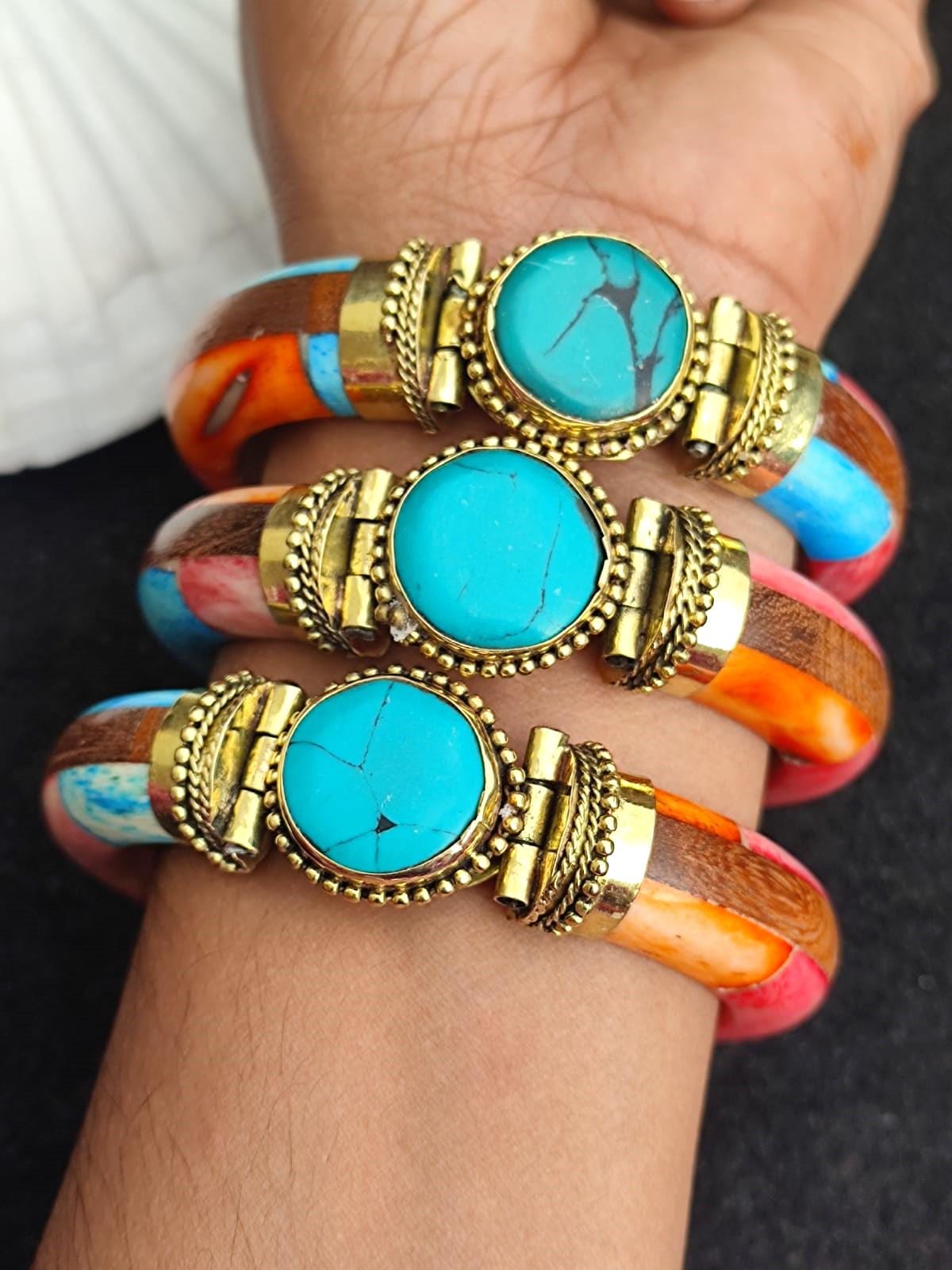 Handcrafted Bone Bangle Bracelet With Synthetic Turquoise Stone - Etsy