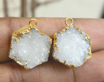 Gold Electroplated Druzy Connector: Hexagon Gemstone Earring Component