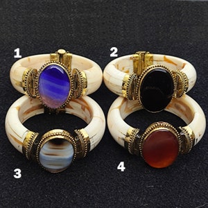 Ethically Sourced Buffalo Bone Cuff Bangles Bracelet with  Natural Chalcedony Agate Stones Antique Look Handcrafted Jewelry Bohemian Gift