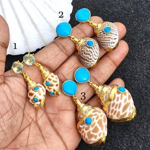 18k Gold Fill Electroplated Natural Seashell Earring With Turquoise Gemstone Charm Real Conch Shell Handmade Exclusive Lovely Earring