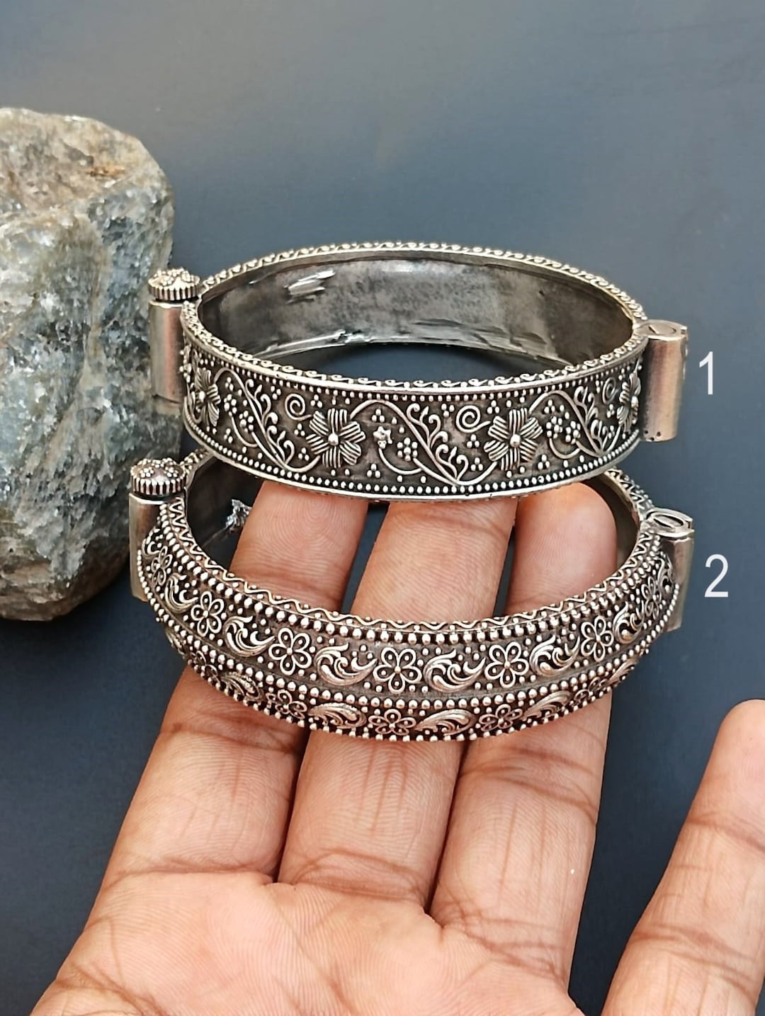 Oxidized Silver Floral Bangle - Handcrafted Bohemian Brass