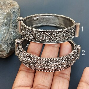 Silver Oxidized Floral Theme Bangle Vintage Antique Look Bracelet Openable Bangle Handcrafted Bohemian Traditional Indian bangles for women