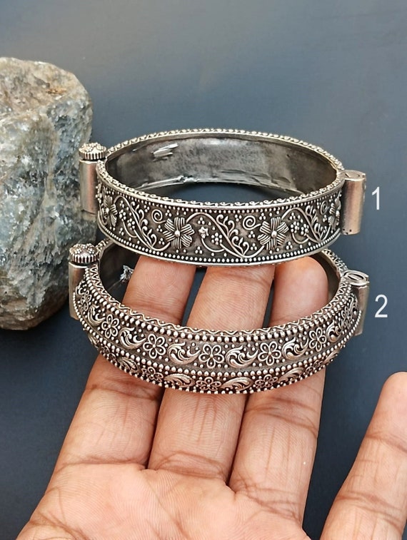 Oxidized Silver Floral Bangle - Handcrafted Bohemian Brass