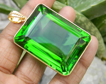 Peridot Green Color Synthetic Stone Unique Octogen Shape Cutstone Gold Plated Brass Pendant Hancrafted Vintage Style Fashion Designer Unique