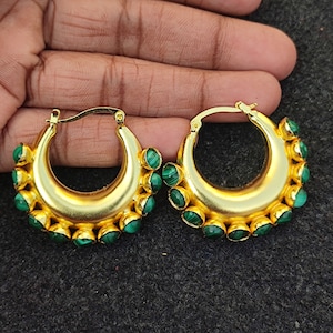 Natural malachite hoop earring Gold plated hoop gemstone jewelry handmade Gift for Women