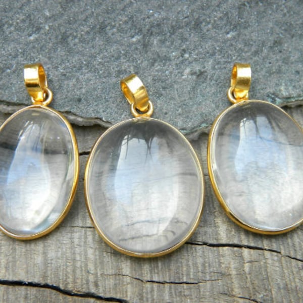 Natural Rock Crystal Quartz pendant smooth oval shape shape stone bezel set gold plated pendant handmade gemstone jewelry  gift for her