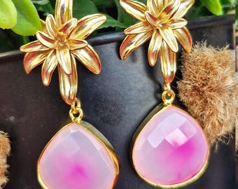 Gold Flower Earrings, Brass Floral Dangles with Pink Chalcedony
