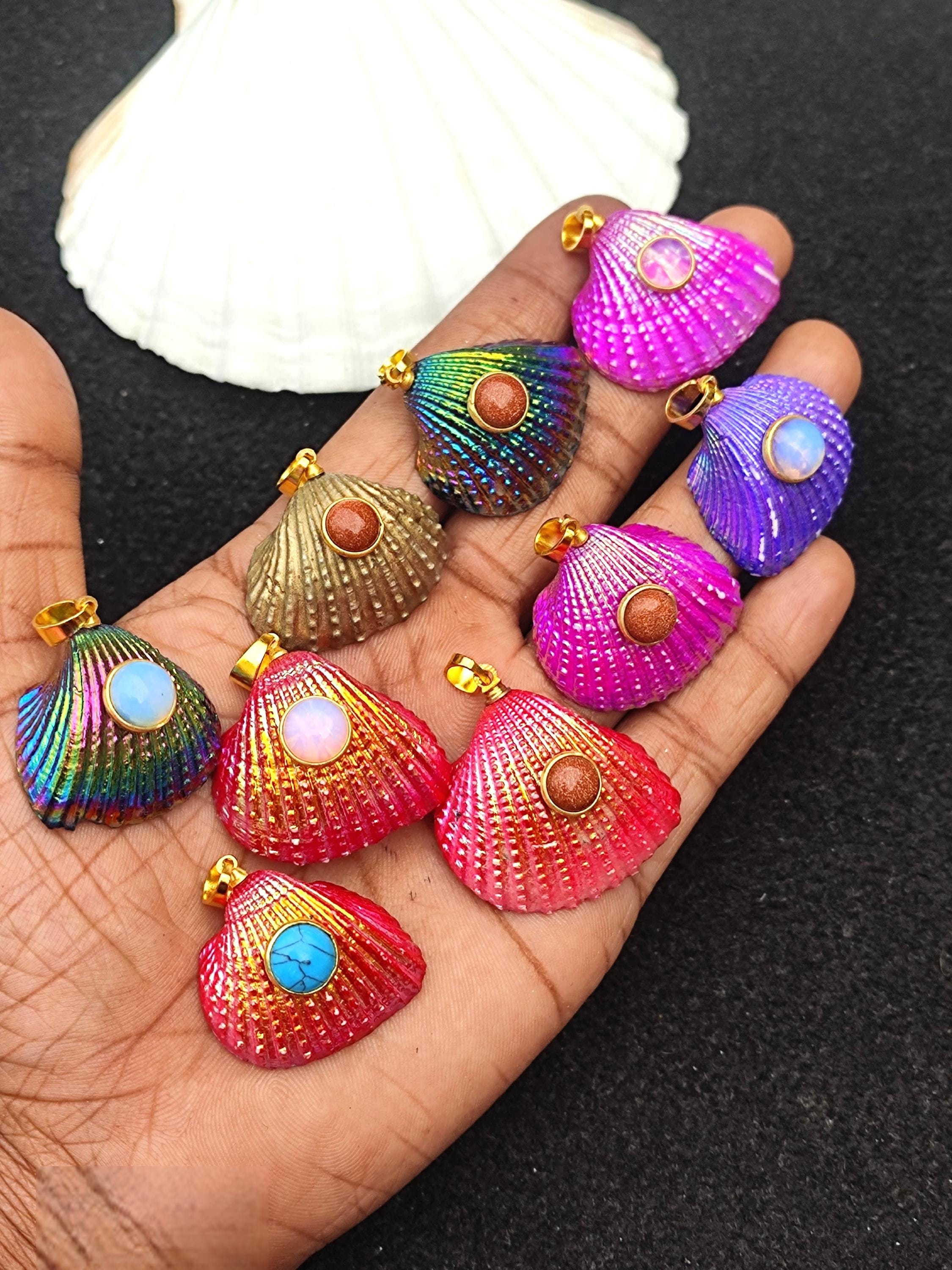 Natural Sea Shell Titanium Coated Pendant With Synthetic stone Natural Scallop Seashell Charm Pendant Ocean Seashell Pendant Beach Jewelry