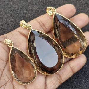 Natural Smoky Quartz Huge Pear Shape Cutstone Genuine Gmestone Pendant Gold Plated Bezel Link Exclusive Unique Fashion Jewelry For Her
