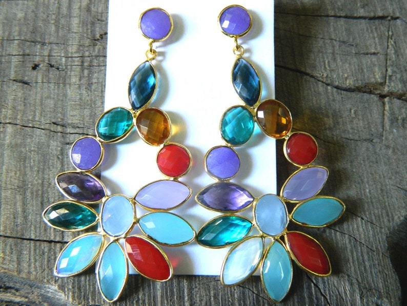 Multi Color Synthetic Stones Faceted Marquise & Oval Shape Briollete Earrings Handcrafted Unique Designer Antique Style Jewelry Gift Sale zdjęcie 4