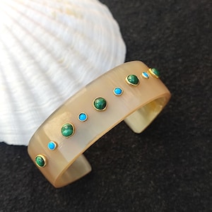 Horn Bone Jewelry Ethically Sourced Buffalo Horn Cuff Bangle with Gold Plated Brass Set Malachite & Turquoise Double Gemstone jewelry