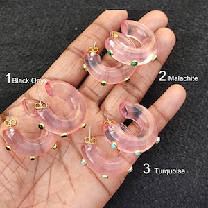 Pink Resin Hoop earring Transparent Acrylic hoop Multi tiny accent Natural Gemstone earring Chunky Hoop Handmade Boho modern Earring gift