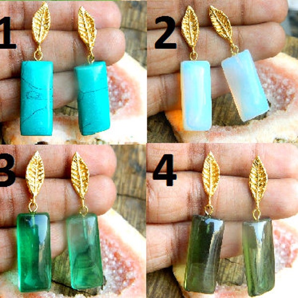 Howlite Turquoise, Opalite, & Green Color Long Bar Shape Synthetic Stone Stud Earrings Chandelier Handcrafted Vintage Style Designer Fashion