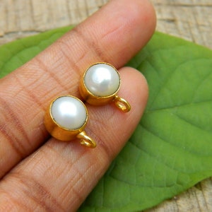 Natural Gemstone & Pearl Cabochons Ear Post Studs Nepali Setting Gold Plated Round Shape Labradorite, Lapis Lazuli and Pearl DIY Jewelry