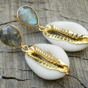 Cowrie Shell Earring  Gold electroplated Shell Labradorite Stud earring Gemstone earring Unique Fashion jewelry  Bohemian Gift for women