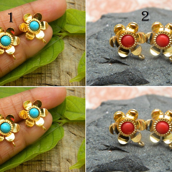 Turquoise & Coral Synthetic Stone Tiney Accent Round Cabochons Gold Plated Brass Flower Studs Connector Fashion Jewelry making Supplies Gift