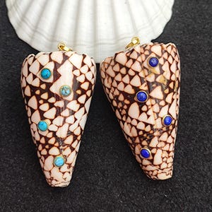 May include: Two seashell pendants with gold-colored bails. One pendant has three turquoise stones, the other has three blue stones. The shells have a brown and cream pattern. A white seashell is in the background.
