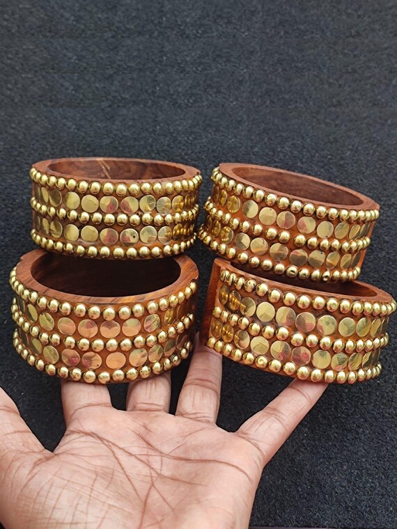 Bracelet Jonc Ancien En Bois Et Laiton – Style Vintage, Sans Fermoir, Doré
