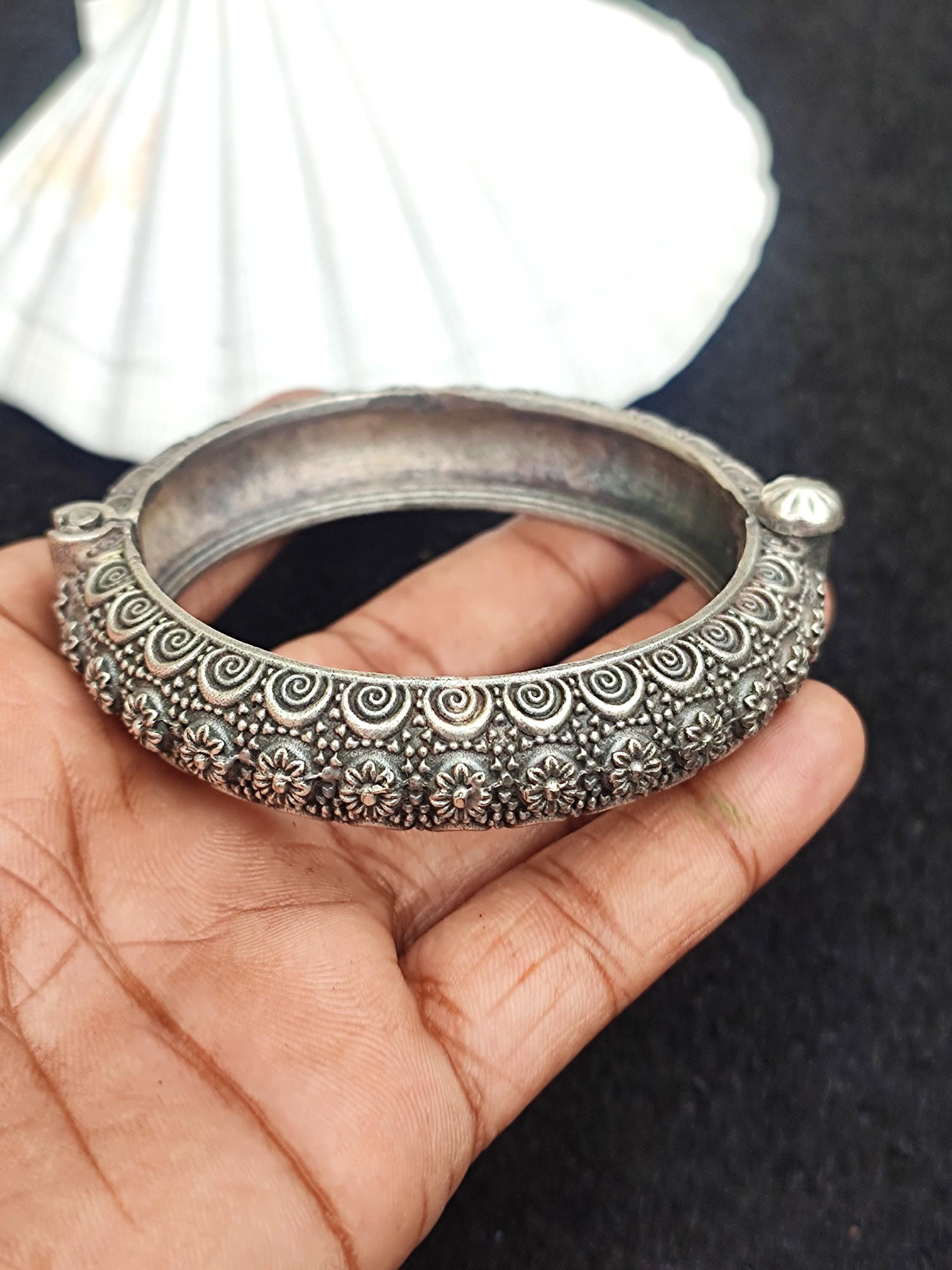 Oxidized Silver Bangle Bracelet, Openable Kada, Indian Wedding