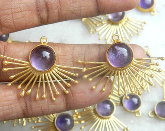 Natural Amethyst Round Cabochons Gold Plated Brass Sun Burst Connectors Handmade Genuine Gemstone Jewelry Supplies Finding Components Gift