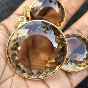 Natural Smoky Quartz Round Shape Cutstone Genuine Gmestone Pendant Gold Plated Bezel Link Exclusive Unique Fashion Jewelry For Her