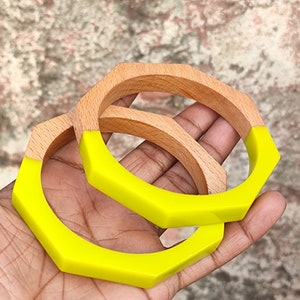 Wood & Resin combo Bangle Bracelet Geometric Hexagon Bangle Retro wide Bracelet Disco Bracelet Beach Summer Jewelry handmade Gift for her