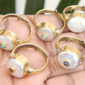 Natuurlijke zoetwaterparelring verstelbare messing ring Boho statement ring edelsteen sieraden cadeau voor haar helende ring bruidsmeisjes sale