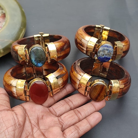 Bracelet Vintage Large En Bois Et Métal Argenté Avec Cabochon Agate - Style Bohème