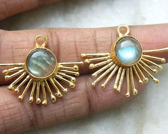 Natural Flashy Fire Labradorite Cabochons Gold Plated Brass Sun Burst Connector Handmade Genuine Gemstone Jewelry Supplies Finding Component
