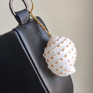 Puede incluir: Un dije de concha blanca con manchas marrones cuelga de una cadena dorada sujeta a un bolso de cuero negro. El dije es una concha natural en espiral, que añade un toque costero. El bolso tiene un anillo de metal plateado.