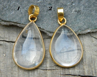 Rock Crystal Quartz Pear Cabochon, Gold Plated Pendant (37mm)