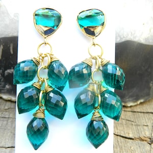 Teal Green Color Synthetic Stones Faceted Dew Drops Shape Beads with Gold Plated Brass Articles Handcrafted Designer Beaded Jewelry Earrings