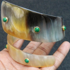 Horn Bone Jewelry Ethically Sourced Buffalo Horn Spiral Snake Bangle Bracelet Purely Handcrafted Tiny Accent Malachite  Gemstone Jewelry