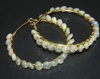 Ethiopian Welo Opal Hoop Earrings, Gold Plated Wire Wrapped Gemstone Jewelry