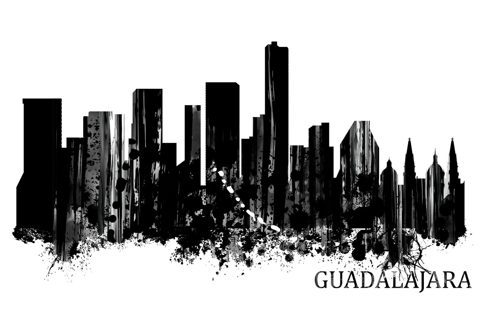 Guadalajara Watercolor Skyline Black and White Art Print 889 Etsy