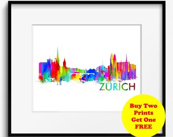Zurich Skyline Watercolor Art Print (327) Cityscape Switzerland