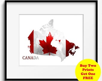 Canada Watercolor Flag Map Art Print (197) North America, Maple Leaf