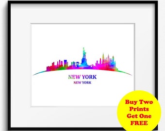 New York City, Curved Skyline, Watercolor Art Print (246)New York Cityscape, USA Art Print, New York Art Print, New York Poster