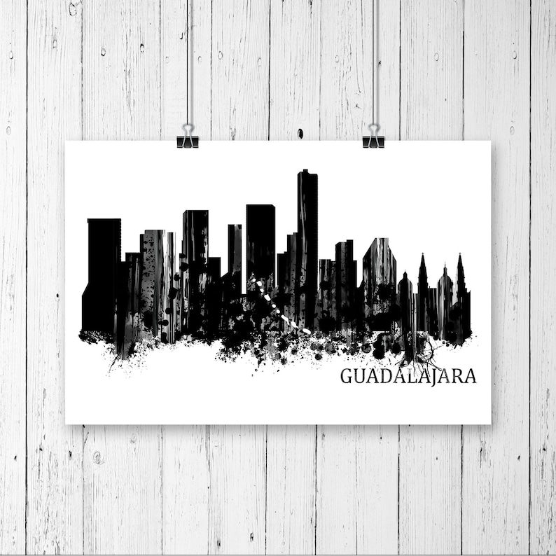 Guadalajara Watercolor Skyline Black and White Art Print 889 Etsy