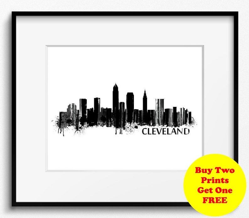 Cleveland Skyline Watercolor Black and White Art Print 744 Etsy