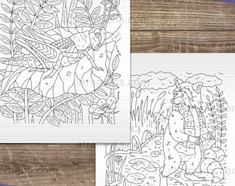 Forest Animals Printable Coloring Pages: Raccoon and Grasshopper