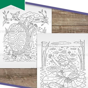 Cute Printable Coloring Pages: Turtle and Frog - Etsy