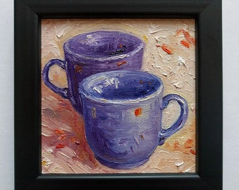 Coffee Mugs Oil Painting, Small Black Frame