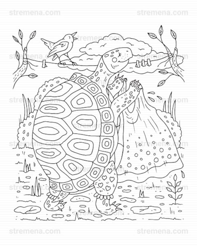 Cute Printable Coloring Pages: Turtle and Frog | Etsy