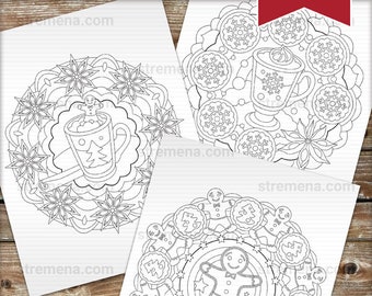 Christmas Mandala Coloring Pages: Gingerbread Men & Hot Chocolate